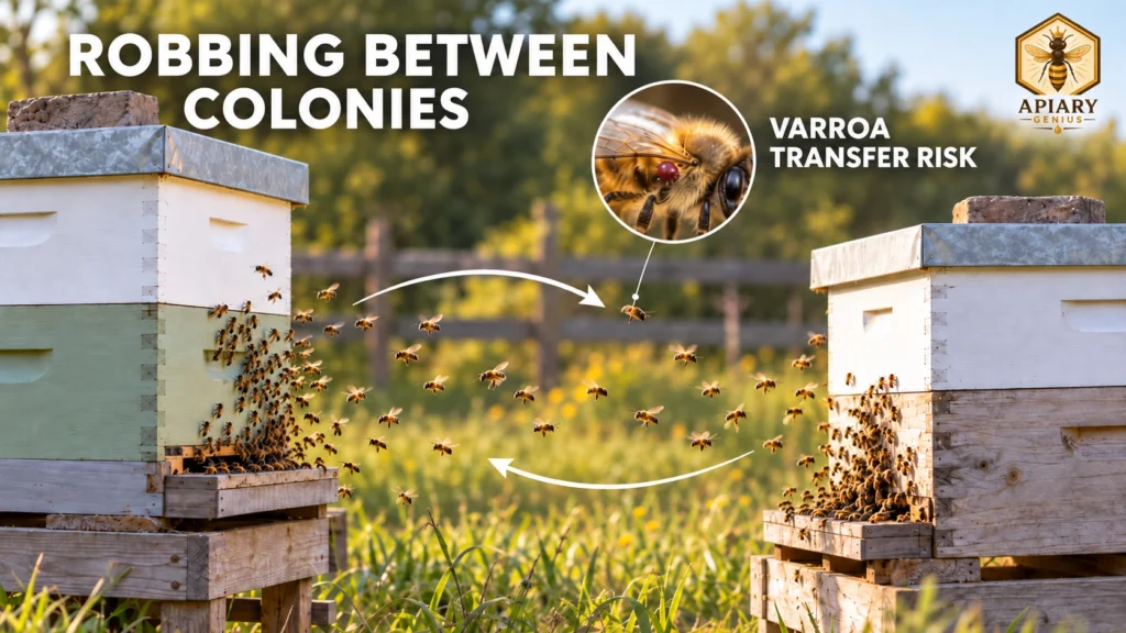 Robbing between honey bee colonies and the risk of Varroa mite transfer