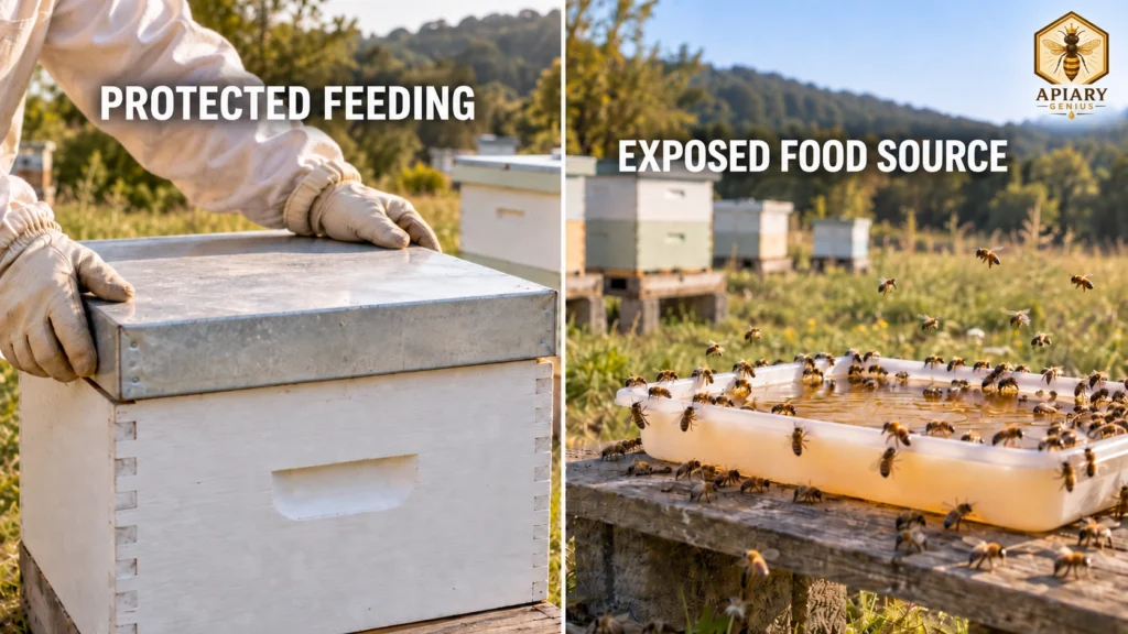 Protected feeding compared with an exposed food source that can attract robbing bees