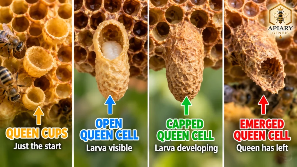 Queen cups, open queen cell, capped queen cell, and emerged queen cell on honeycomb