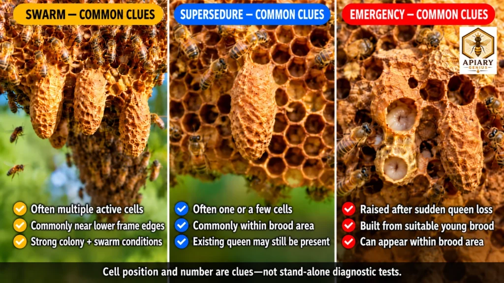 Comparison of swarm, supersedure, and emergency queen cells in a beehive
