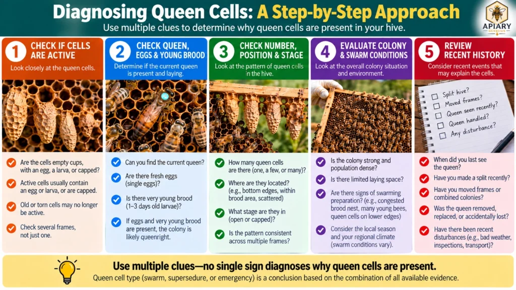 Five-step workflow for diagnosing why queen cells are present in a beehive