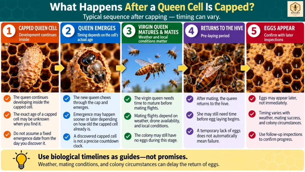 What happens after a queen cell is capped, from queen emergence to eggs appearing