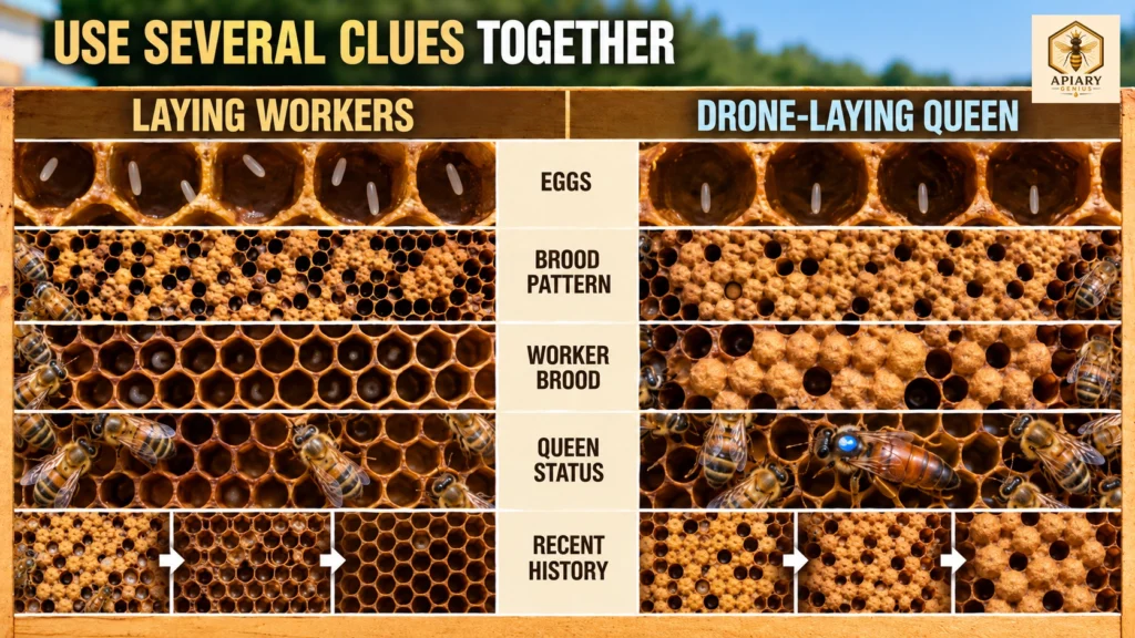 Diagnostic comparison of laying worker bees and a drone-laying queen using eggs, brood pattern, worker brood, queen status, and colony history.