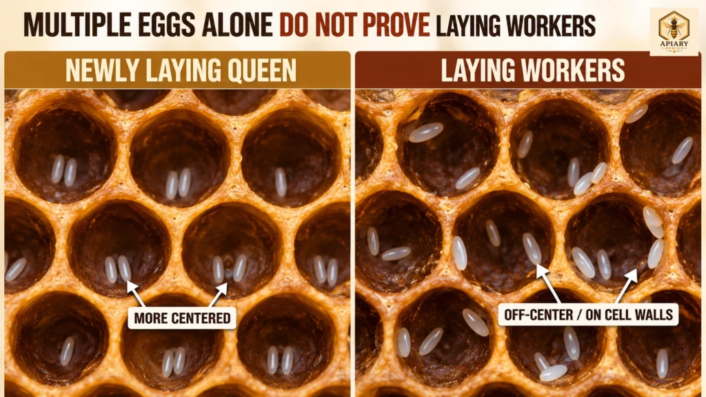 Newly laying queen vs. laying worker bees showing centered eggs and off-center eggs on cell walls.