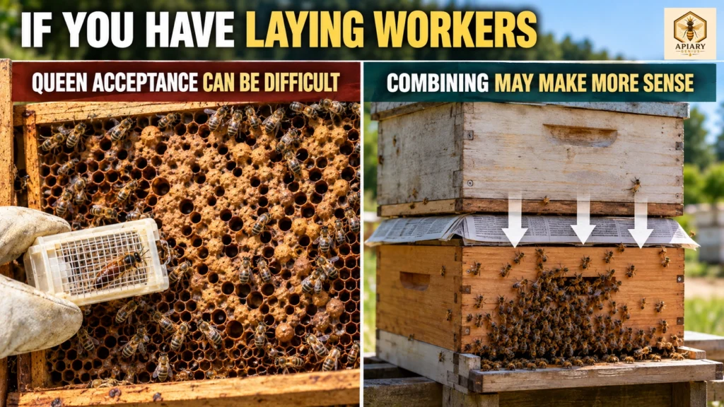 Laying worker bees showing difficult queen acceptance compared with combining the colony using the newspaper method.