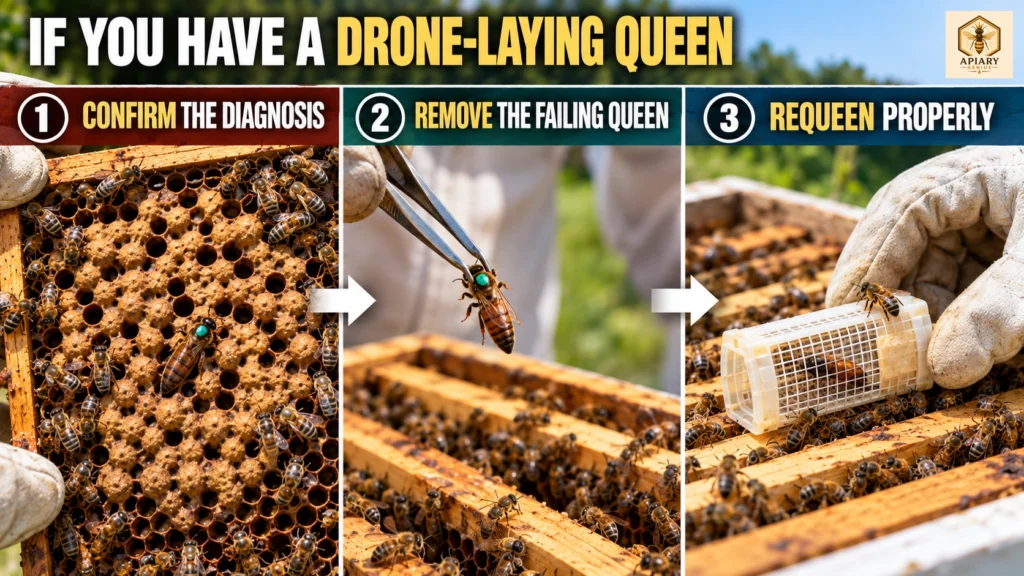 Drone-laying queen management showing diagnosis, removal of the failing queen, and proper requeening.