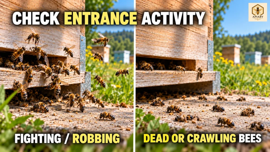Fighting and robbing at a hive entrance compared with dead or crawling bees outside the hive