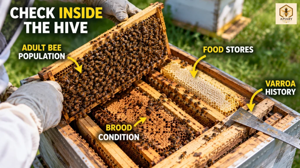Open beehive inspection showing adult bee population, food stores, brood condition, and Varroa history