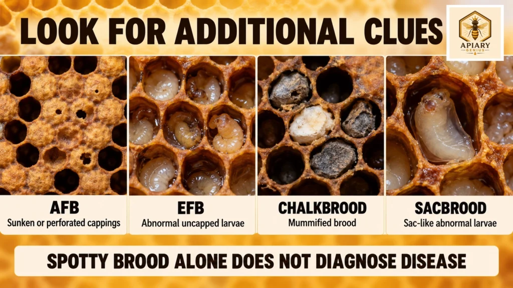 Honey bee brood disease clues showing AFB, EFB, chalkbrood, and sacbrood signs