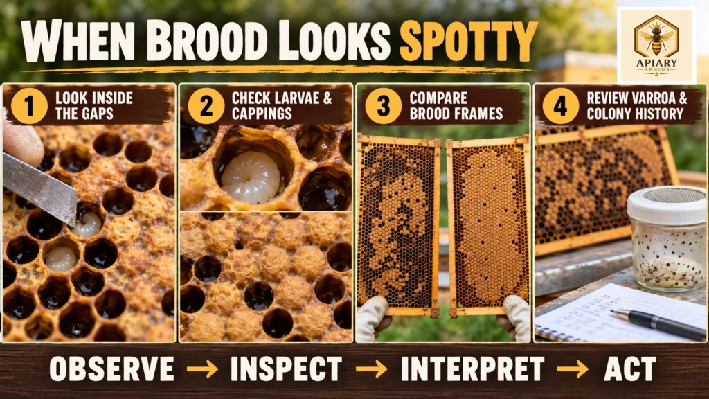 Spotty brood inspection sequence showing gaps, larvae, brood frames, Varroa, and colony history