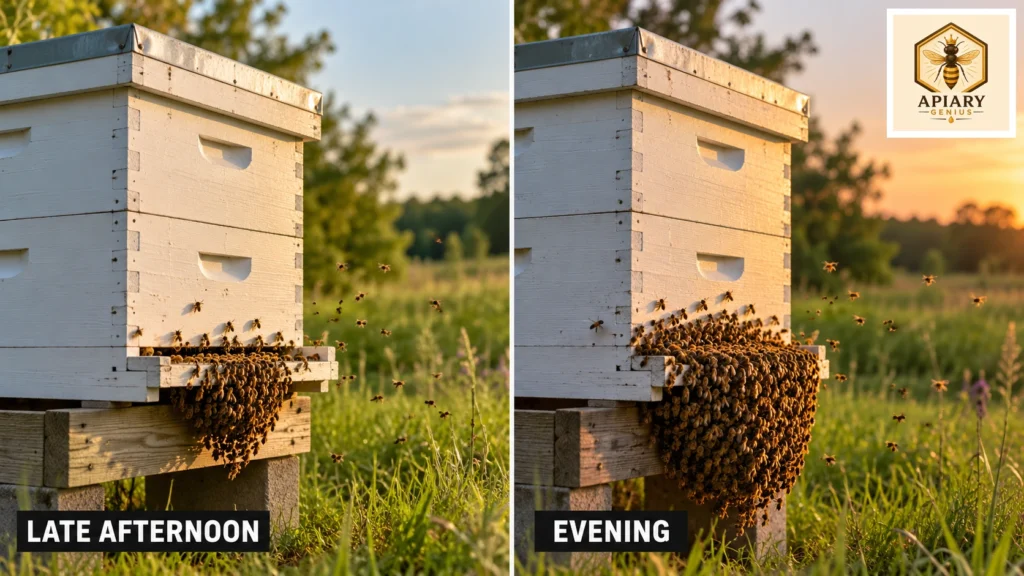 Honey bees forming a larger beard outside the hive in the evening than in late afternoon