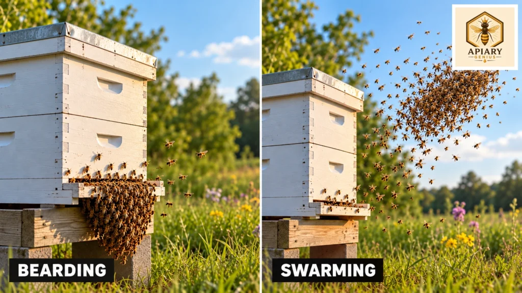 Honey bees bearding on a hive compared with a swarm of bees leaving the colony