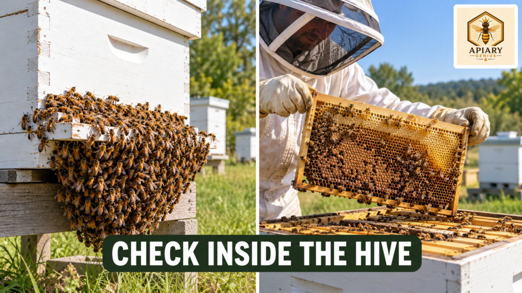 Large beard of honey bees outside a hive beside a beekeeper inspecting an internal frame