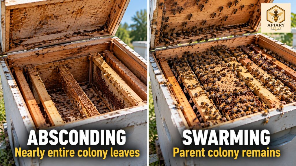 Absconding vs swarming in honey bees, showing an abandoned hive compared with a parent colony that remains after swarming