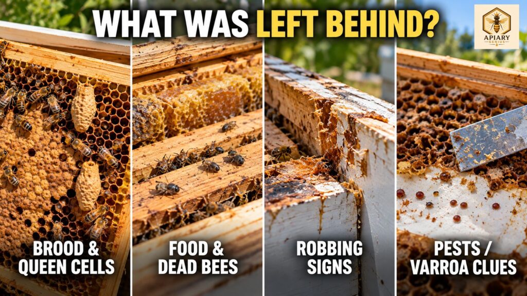 What was left behind in an empty beehive, including brood, queen cells, food, dead bees, robbing signs, and Varroa or pest clues