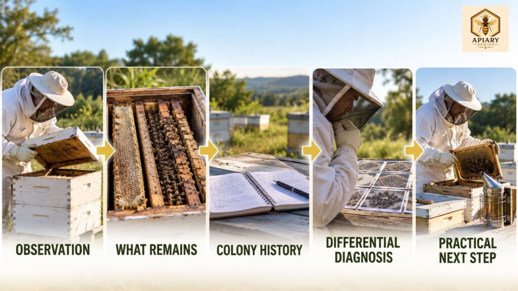 Five-step empty hive inspection process: observation, what remains, colony history, differential diagnosis, and practical next step