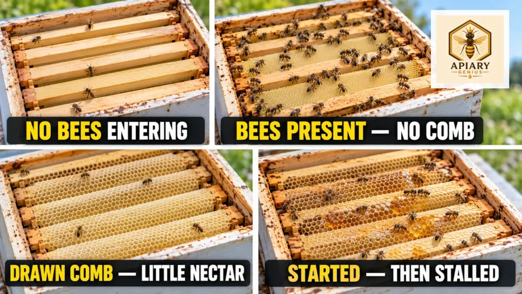 Four honey super conditions showing no bees, undrawn foundation, little nectar, and stalled progress