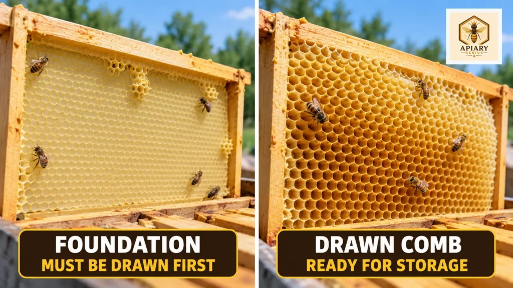 Foundation compared with drawn comb in a honey super