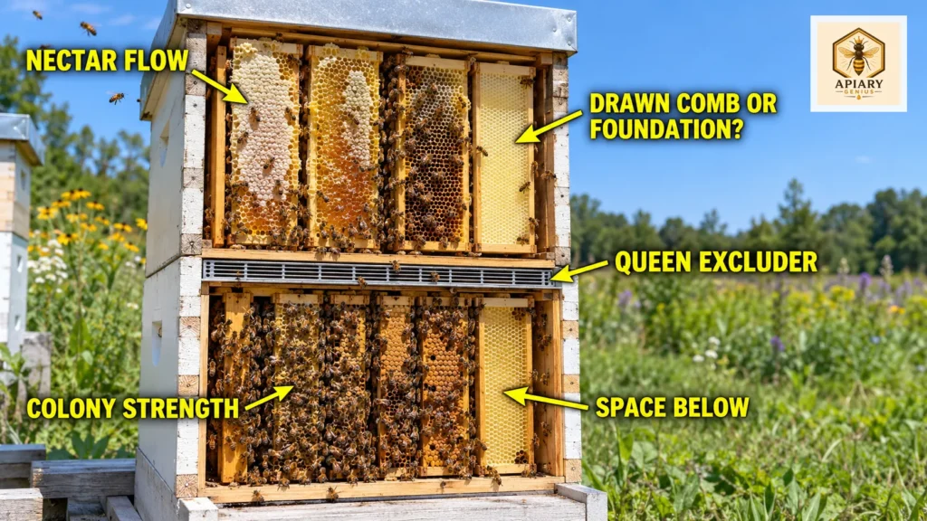 Diagnostic hive view showing nectar flow, colony strength, space below, comb type, and queen excluder