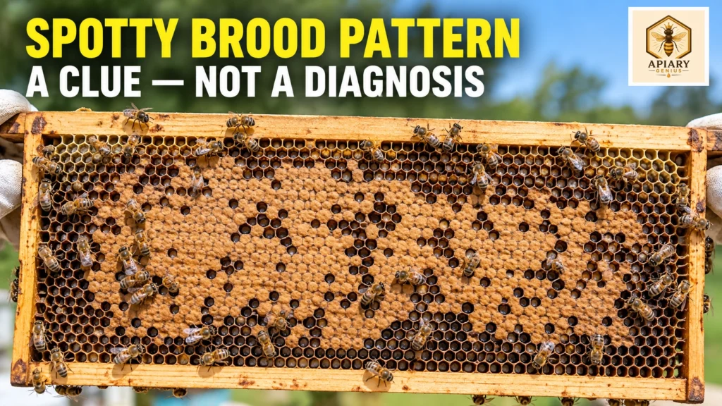 Spotty brood pattern in honey bees with scattered gaps in capped worker brood