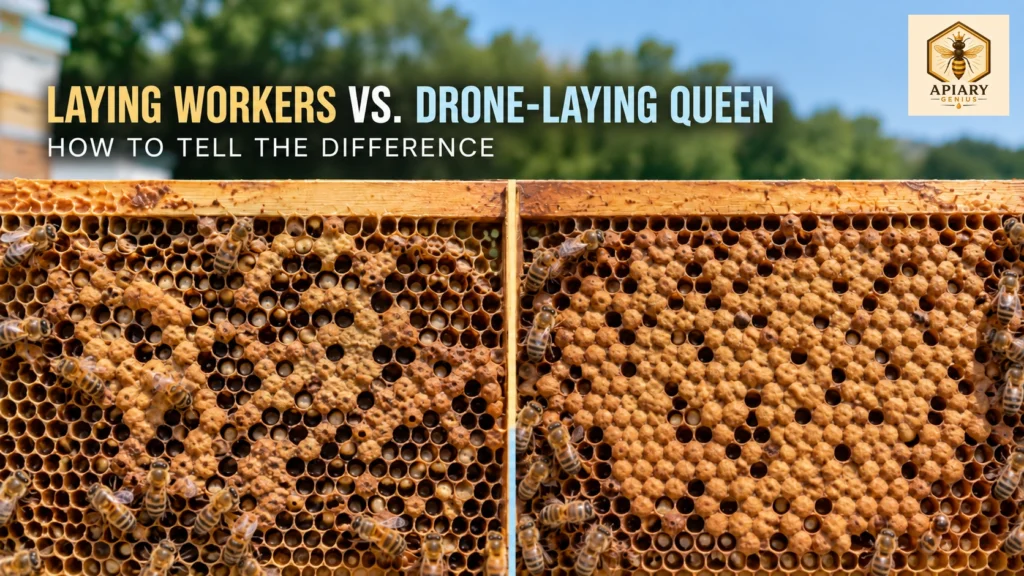 Laying worker bees vs. a drone-laying queen showing different brood patterns in a honey bee colony.