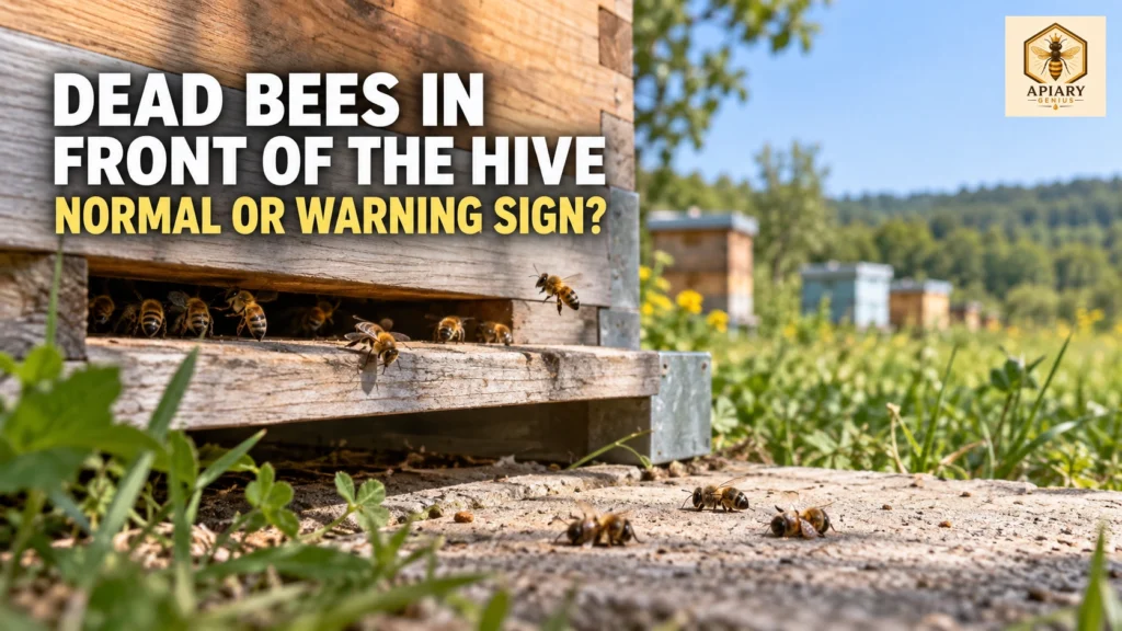Dead bees in front of hive entrance with live bees nearby