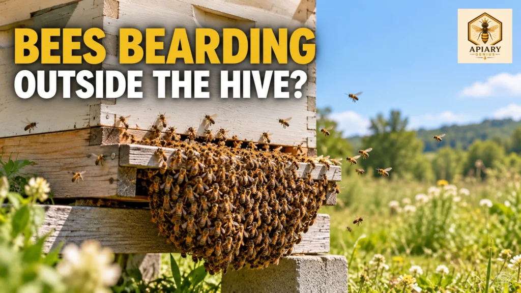 Bees bearding outside a Langstroth hive entrance