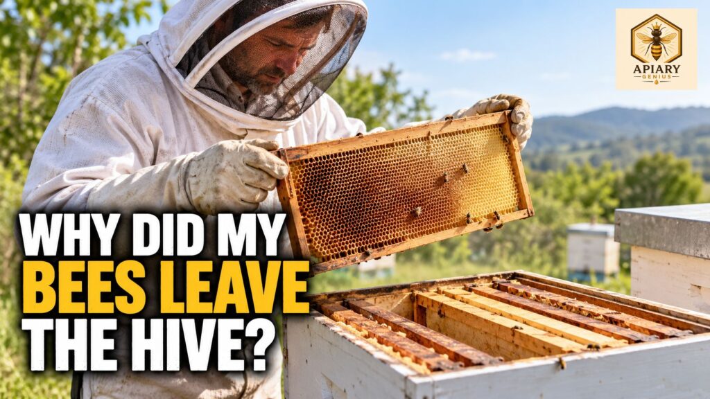 Beekeeper inspecting a nearly empty hive and asking why did my bees leave the hive