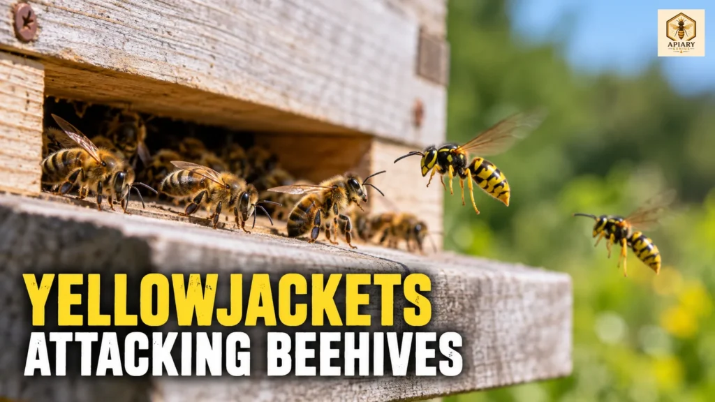 Yellowjackets hovering at a honey bee hive entrance while guard bees defend the colony