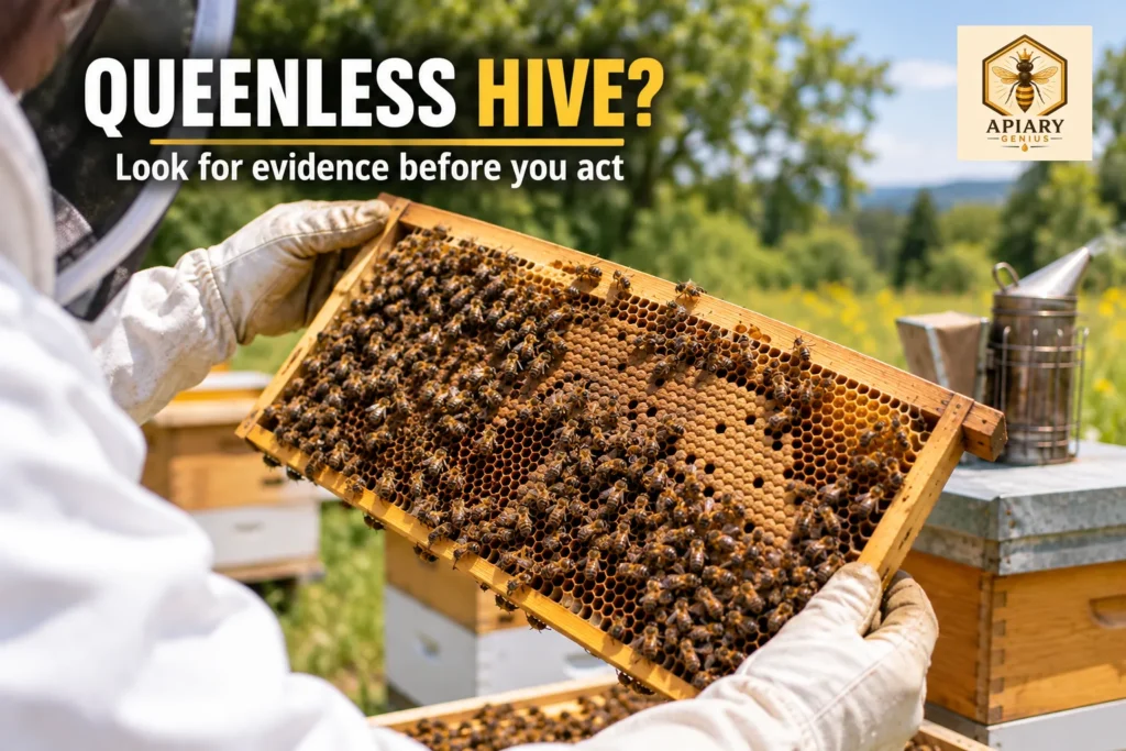 Beekeeper inspecting a brood frame for signs of a queenless hive