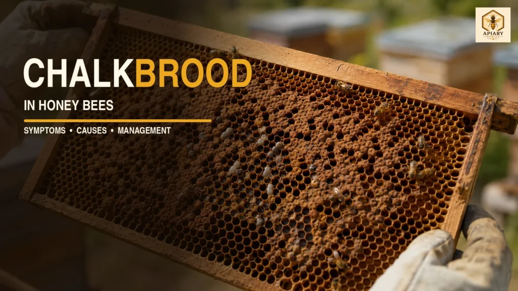 Chalkbrood mummies in a honey bee brood frame