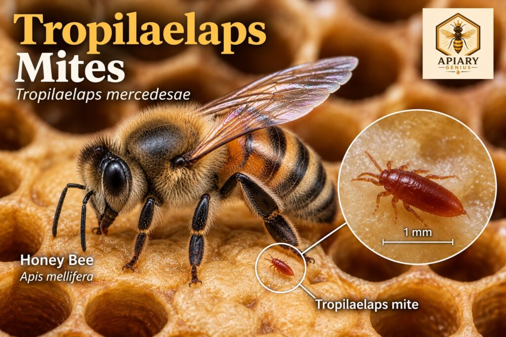 Tropilaelaps mites on a honey bee brood comb