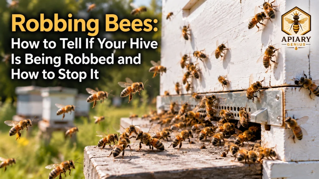 Robbing bees crowding the entrance of a hive during an active robbing event