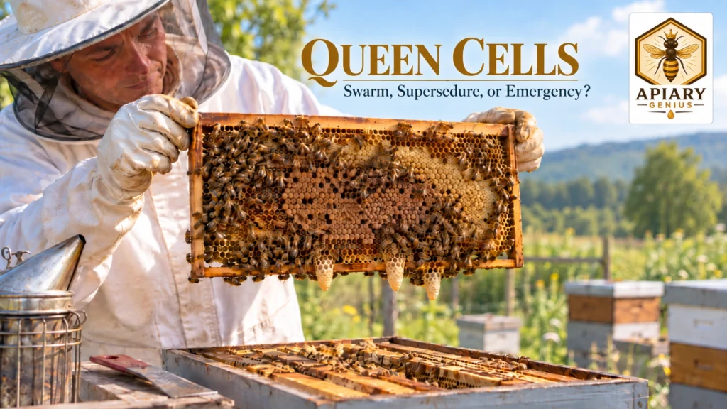 Beekeeper inspecting queen cells on a brood frame during a hive inspection