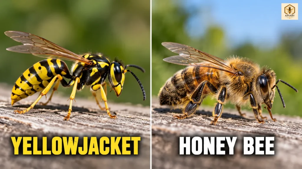 Side-by-side comparison of a yellowjacket and a honey bee showing differences in body hair, waist shape, and appearance