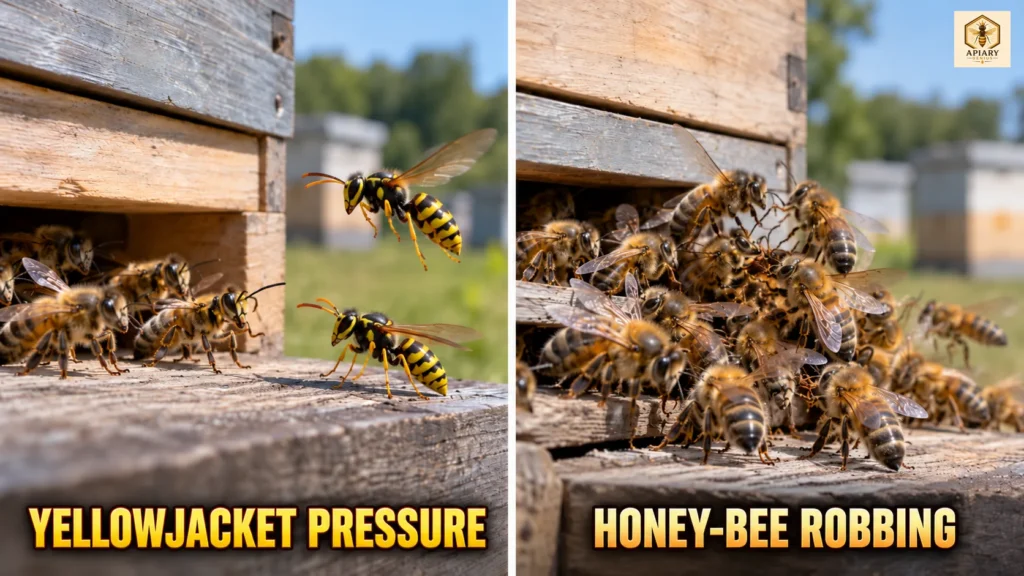 Side-by-side comparison of yellowjacket pressure at a beehive entrance and honey-bee robbing activity