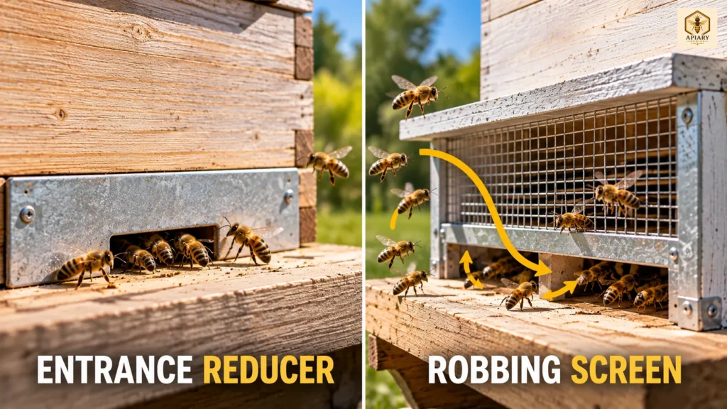 Side-by-side comparison of an entrance reducer and a robbing screen helping honey bees defend a hive entrance