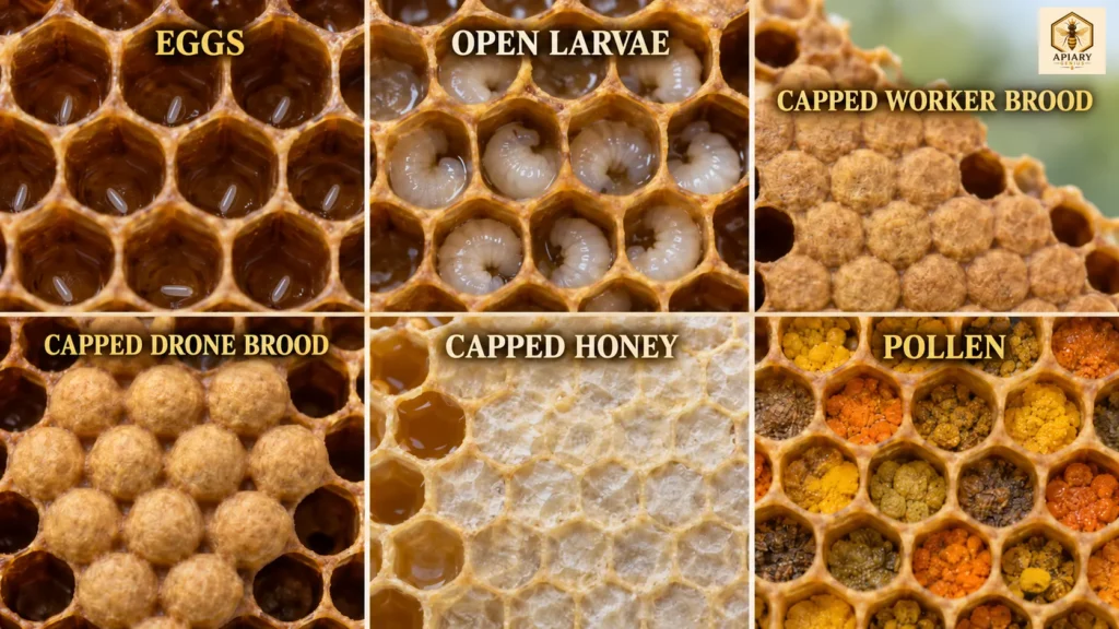 Close-up comparison of eggs, open larvae, capped worker brood, capped drone brood, capped honey, and pollen in honeycomb