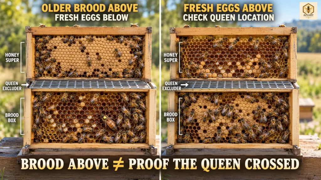 Comparison showing older brood above a queen excluder with fresh eggs below, and fresh eggs above requiring a queen location check