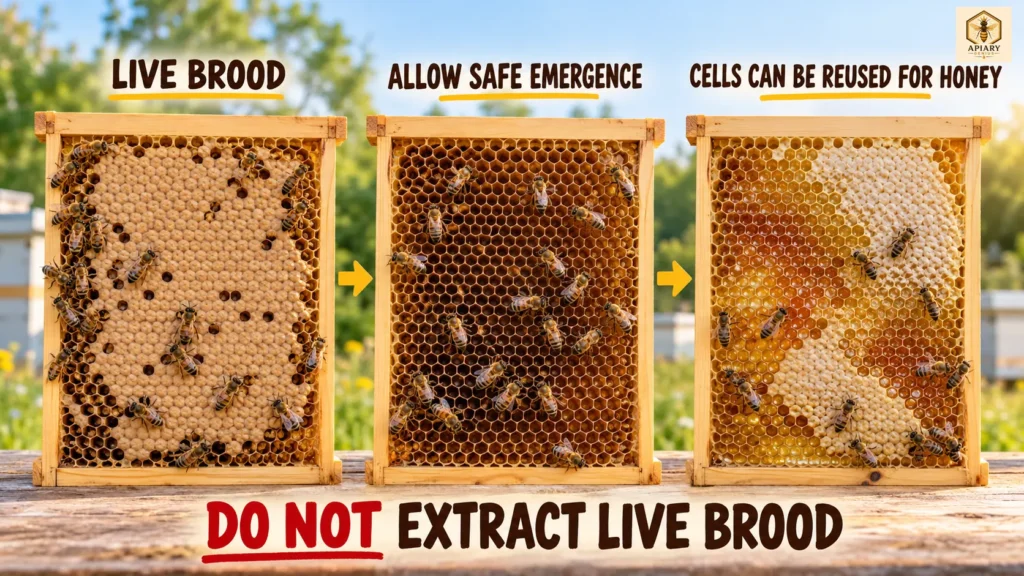 Three-stage comparison showing live brood, safe brood emergence, and honey reuse of cells in a honey super frame