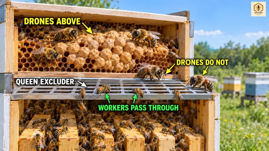 Drone brood above a queen excluder with worker bees passing through while larger drones remain above