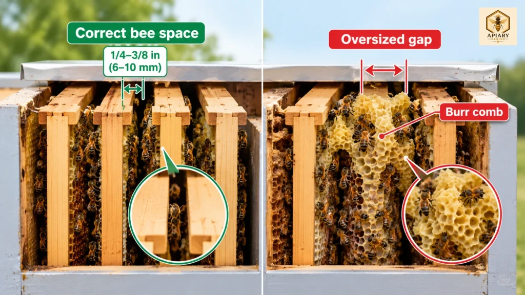 Correct bee space compared with an oversized gap that leads to burr comb in a beehive