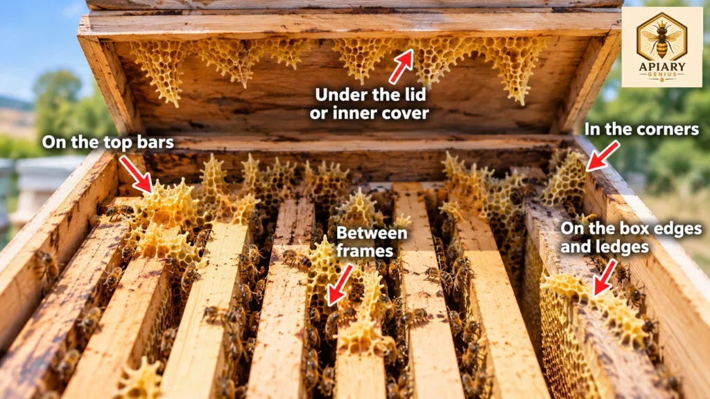 Common locations of burr comb in a beehive, including top bars, between frames, inner cover, and hive edges