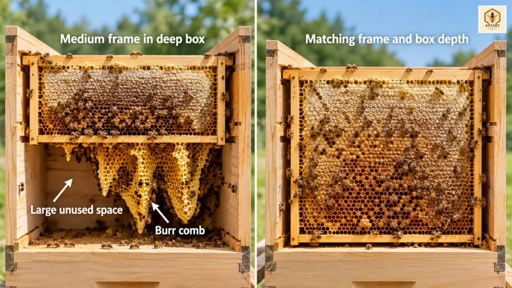 Medium frame in a deep hive box creating unused space and burr comb compared with matching frame and box depth