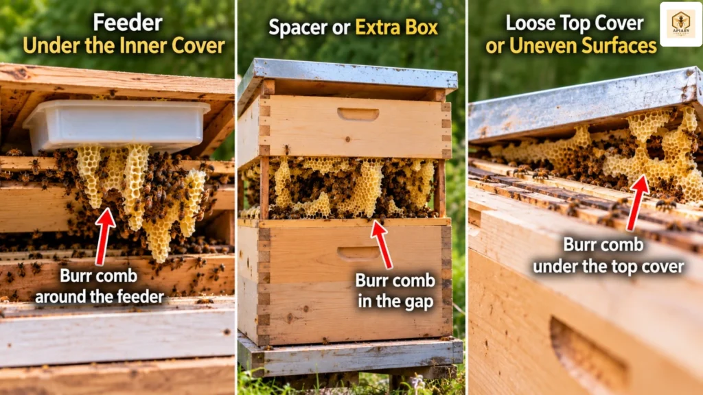 Burr comb caused by extra space around a feeder, spacer, empty box, and loose hive cover