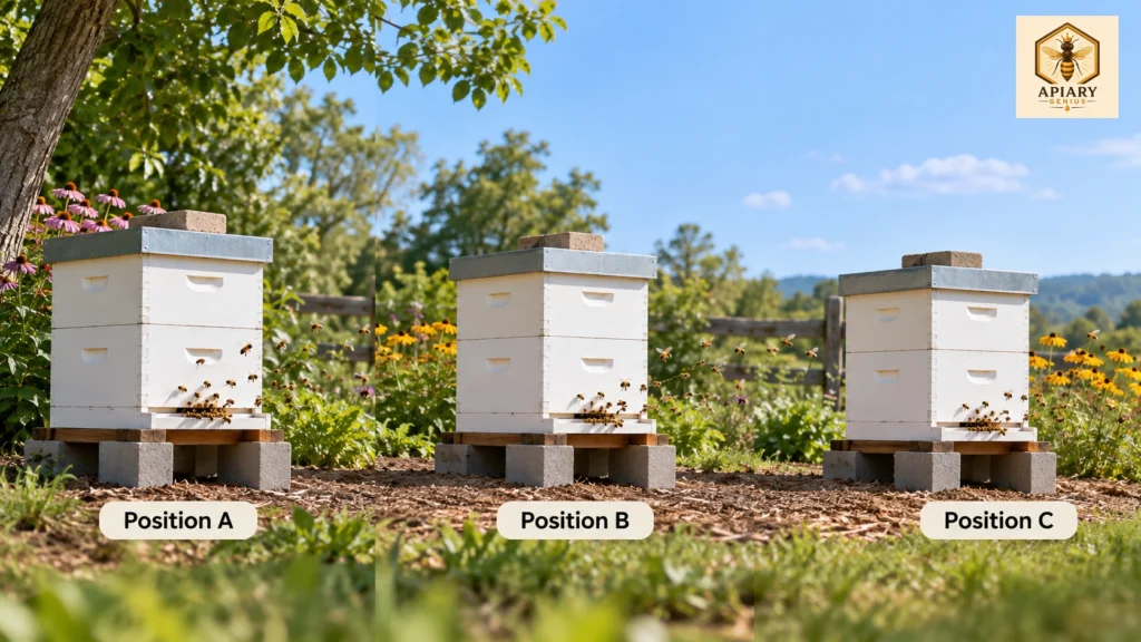 Gradual beehive relocation showing Position A, Position B, and Position C
