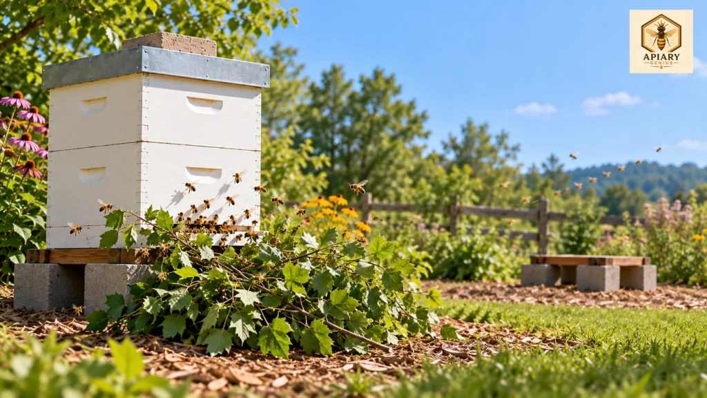 Beehive with leafy branches placed in front of the entrance to encourage reorientation