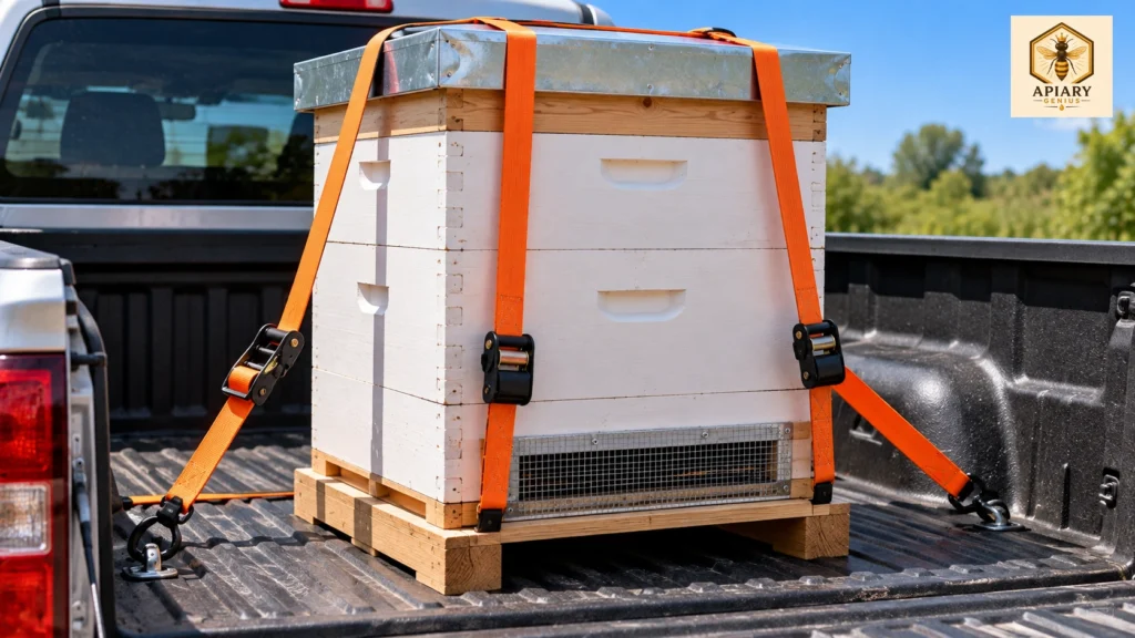 Secured beehive with screened ventilation transported upright in a pickup truck