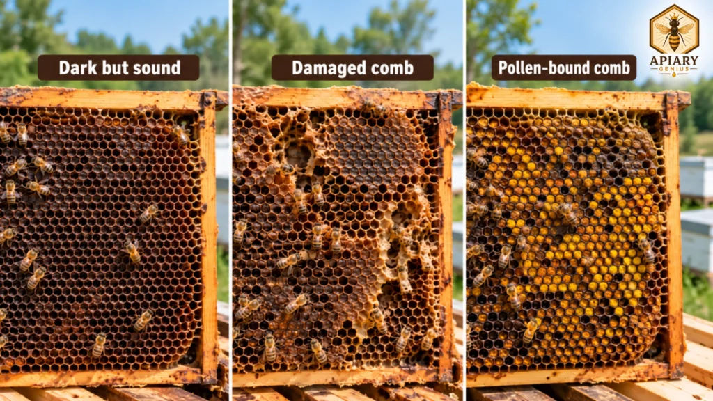 Comparison of dark but sound brood comb, damaged comb, and pollen-bound comb in three beehive frames.