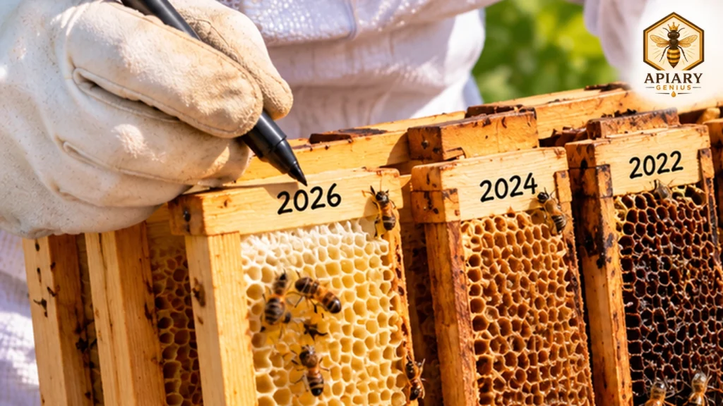 Beekeeper marking brood frames 2026, 2024, and 2022 to track their age and decide when to replace brood comb.